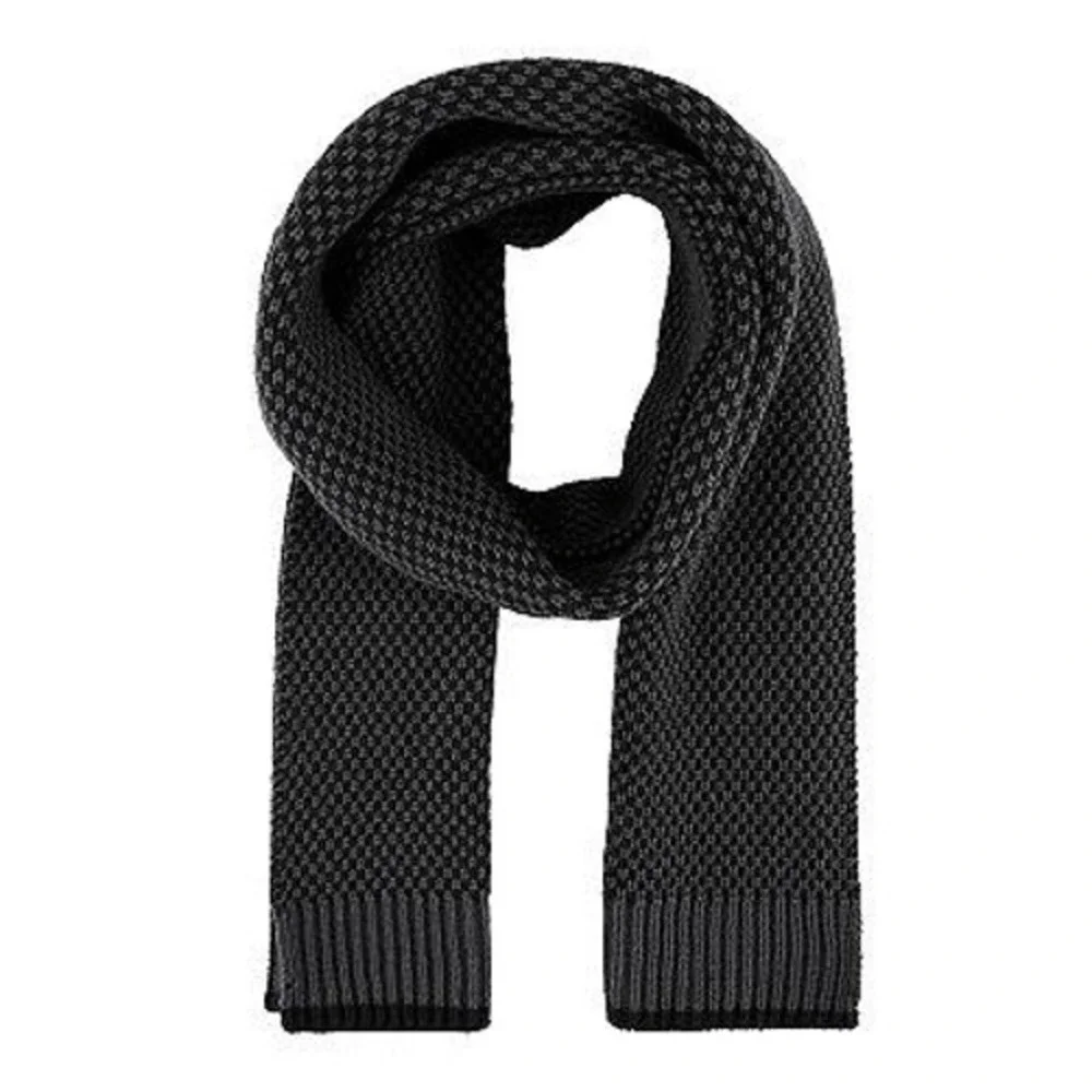 Dockers Mens Birdseye Waffle Knit Scarf Black Charcoal Grey Ribbed Trim NEW